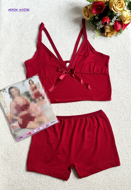 ست شورتک و نیمتنه زنانه نخی اورجینال Bonmarjen ترکیه – رنگ قرمز اناری