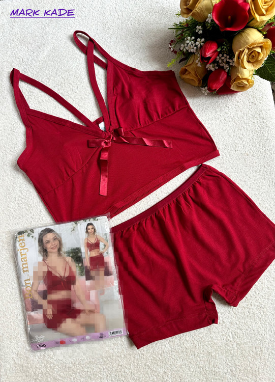 ست شورتک و نیمتنه زنانه نخی اورجینال Bonmarjen ترکیه – رنگ قرمز اناری