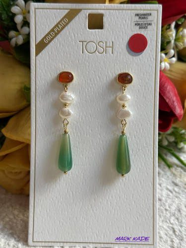 گوشواره زنانه برند TOSH آلمان با روکش آبطلا و ترکیب سنگ و مروارید