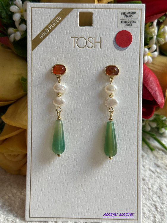 گوشواره زنانه برند TOSH آلمان با روکش آبطلا و ترکیب سنگ و مروارید